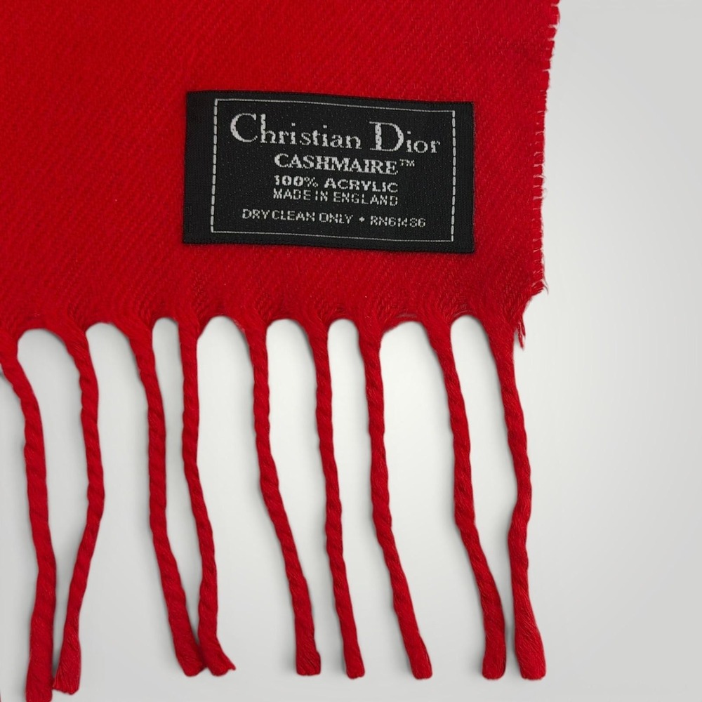 VTG Christian Dior Scarf Womens Red Fringe Cashmaire Acrylic England 36‎ inches - Picture 2 of 6